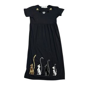 Vintage Embroidered Cat Knit Maxi T Shirt Dress Womens Medium Grandma Teacher
